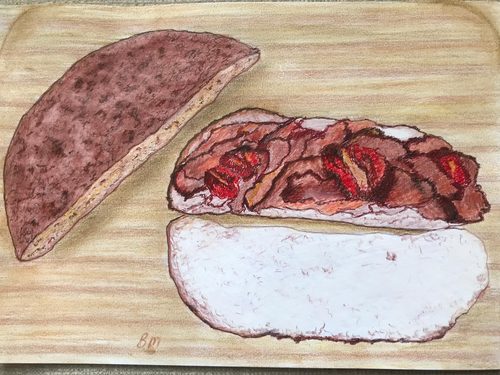 Brenda, all day lunch, pencils and pastels.